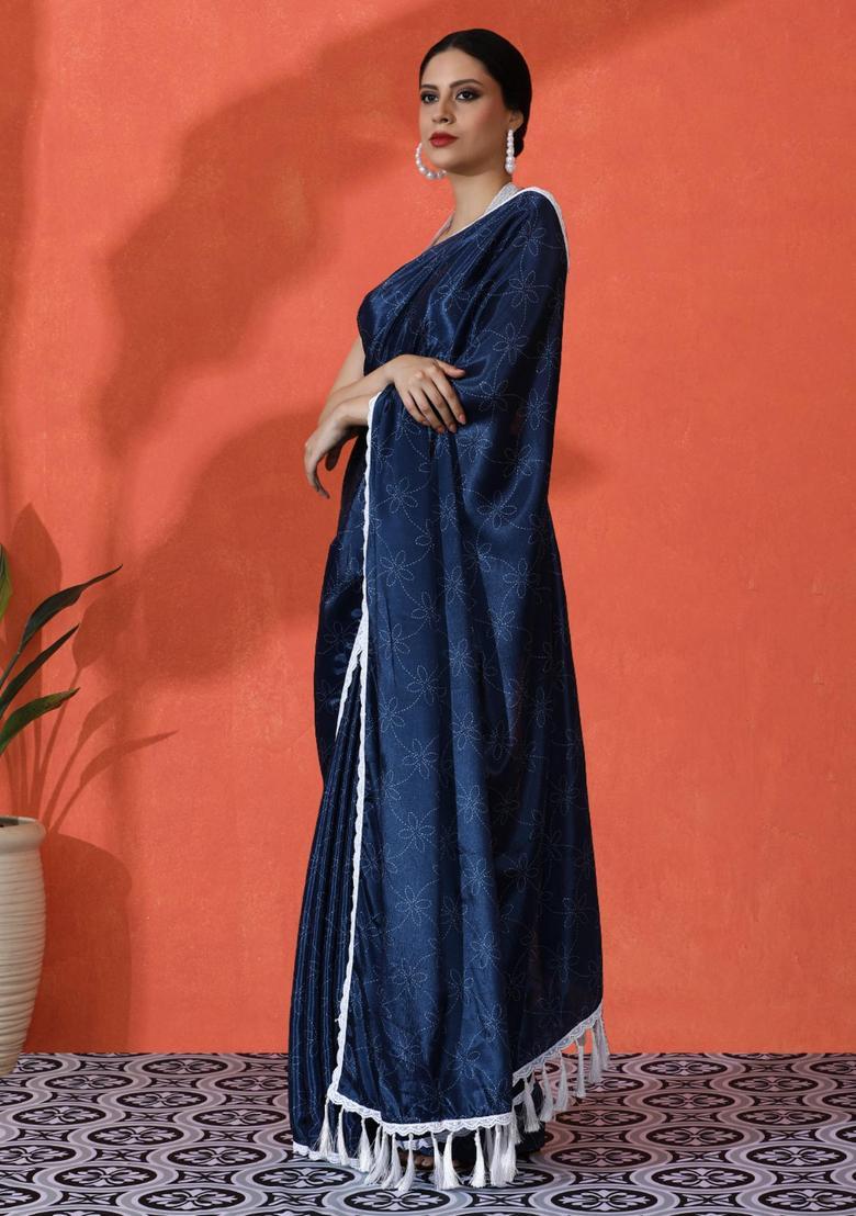 Blue Floral Print Chinon Saree Set - Indya
