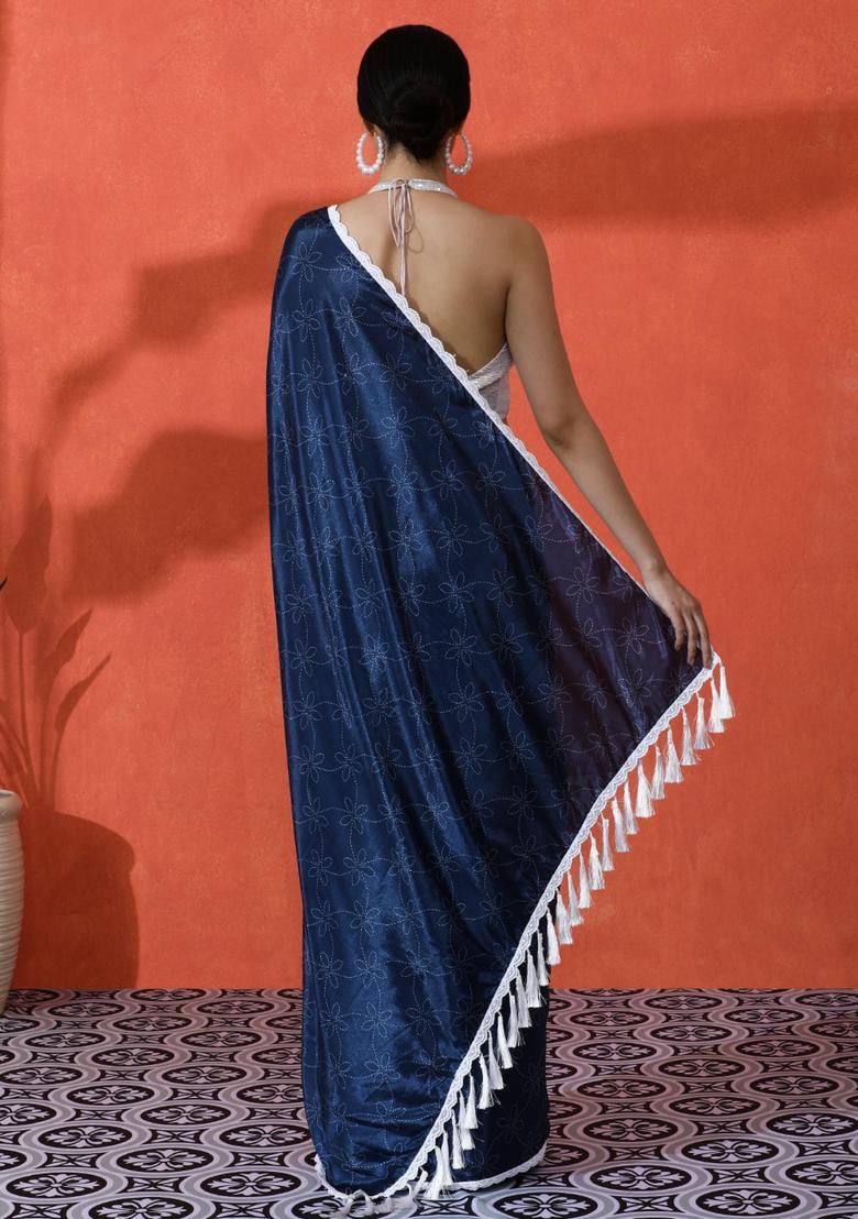 Blue Floral Print Chinon Saree Set - Indya