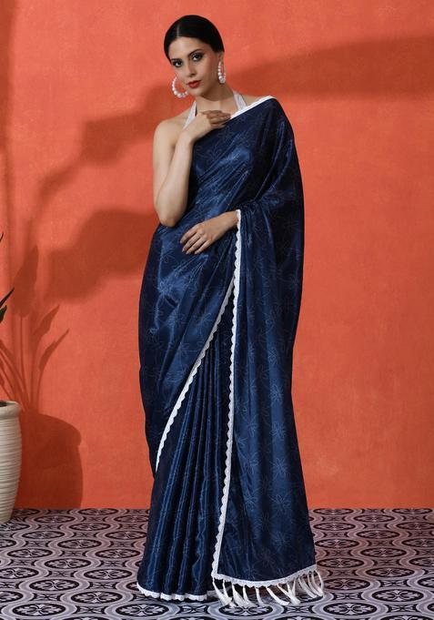 Blue Floral Print Chinon Saree Set