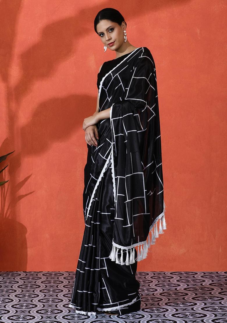 Black Checked Chinon Saree Set - Indya