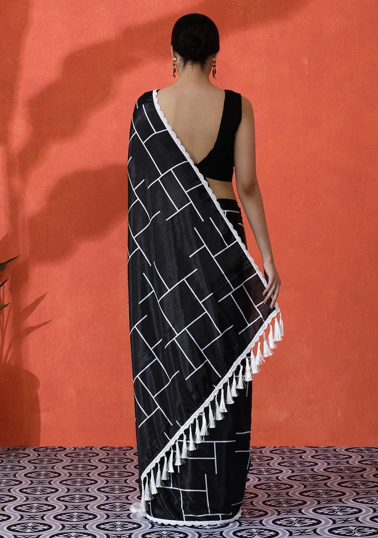 Black Checked Chinon Saree Set - Indya