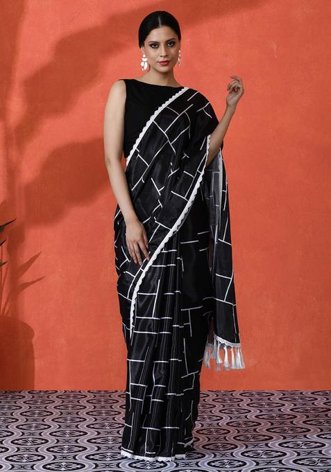 Black Checked Chinon Saree Set