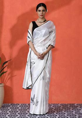 White Floral Print Chinon Saree Set