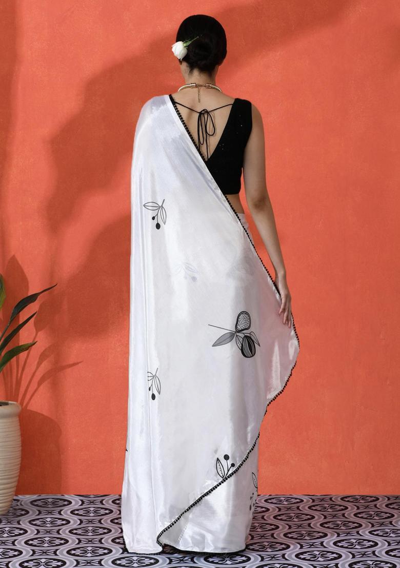 White Floral Print Chinon Saree Set - Indya