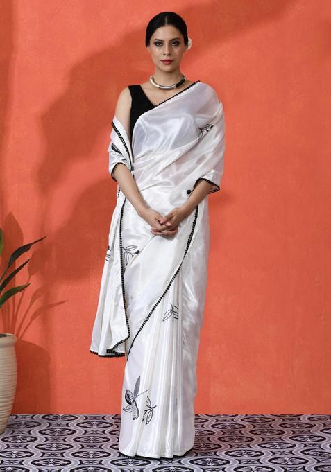 White Floral Print Chinon Saree Set