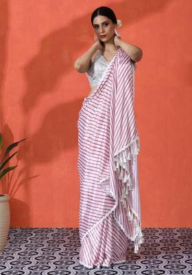 White Stripes Chinon Saree Set