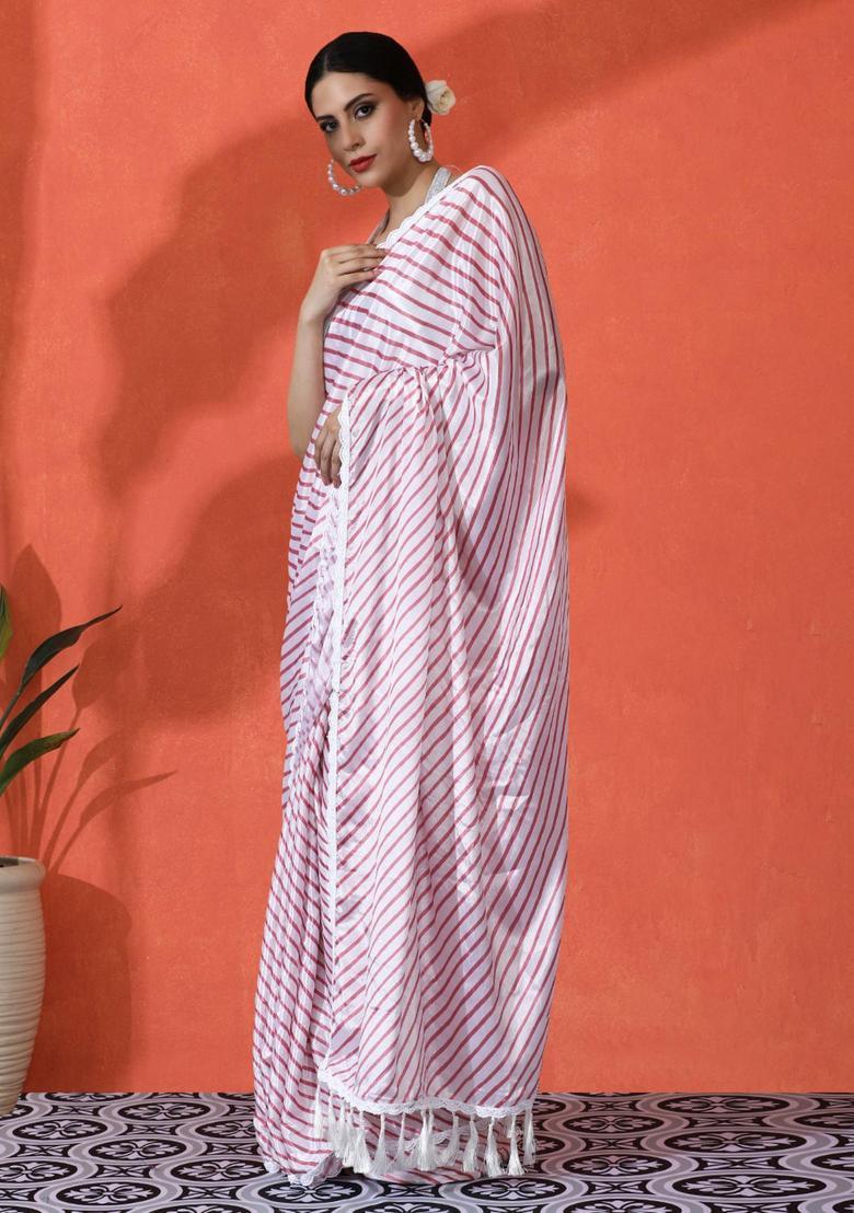 White Stripes Chinon Saree Set - Indya