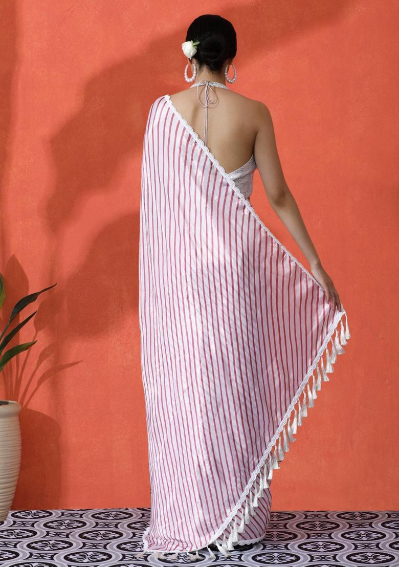 White Stripes Chinon Saree Set - Indya