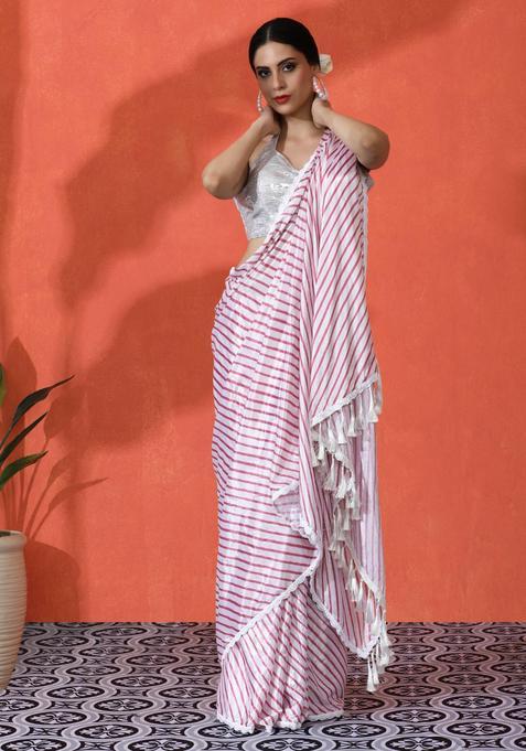 White Stripes Chinon Saree Set