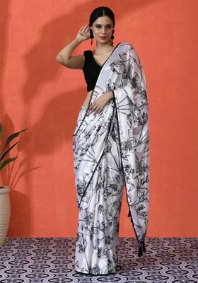 White Floral Print Chinon Saree Set
