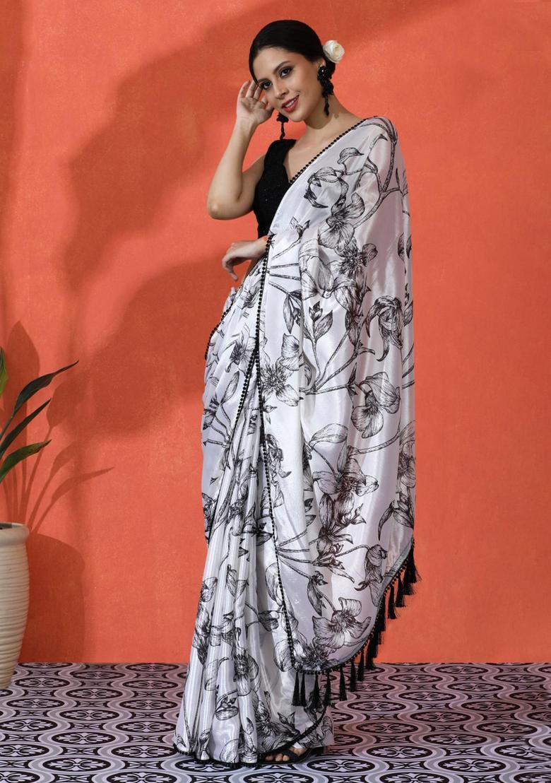 White Floral Print Chinon Saree Set - Indya