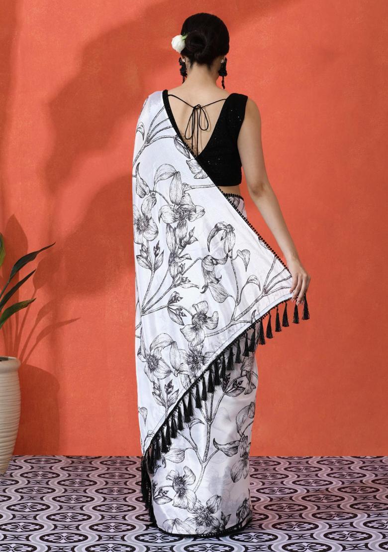 White Floral Print Chinon Saree Set - Indya
