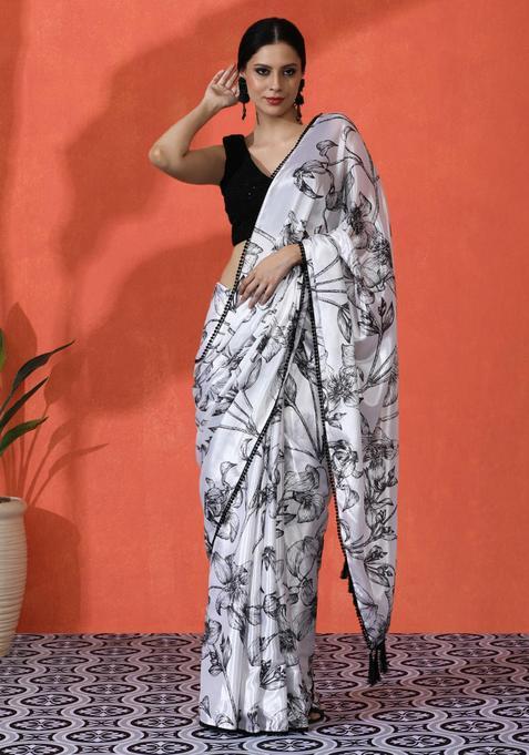 White Floral Print Chinon Saree Set
