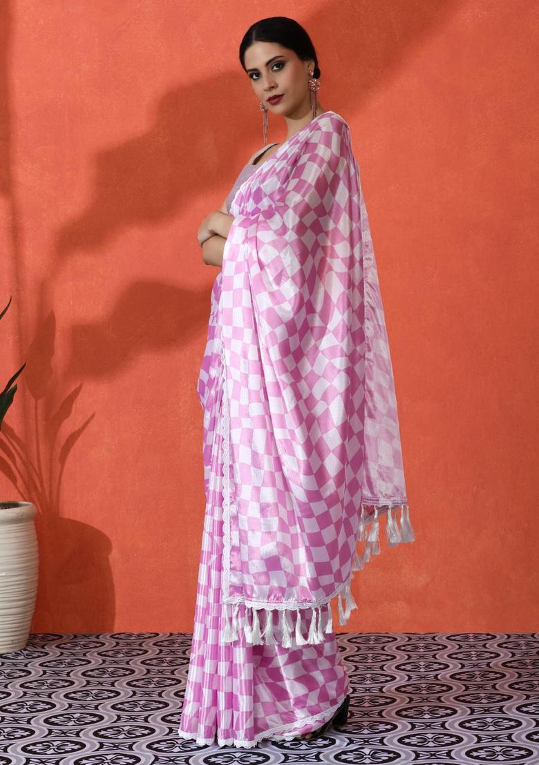 Pink Checked Chinon Saree Set - Indya