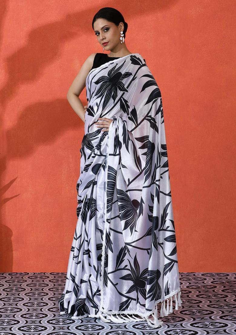 White Floral Print Chinon Saree Set - Indya
