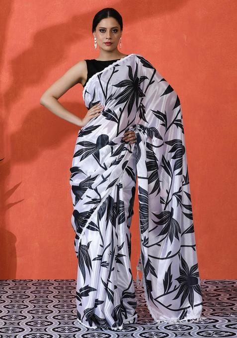 White Floral Print Chinon Saree Set