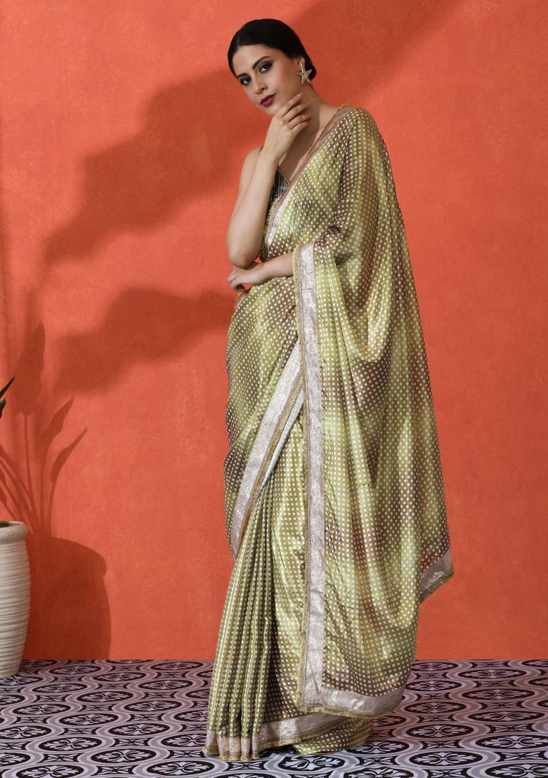 Green Geometric Print Chinon Saree Set - Indya