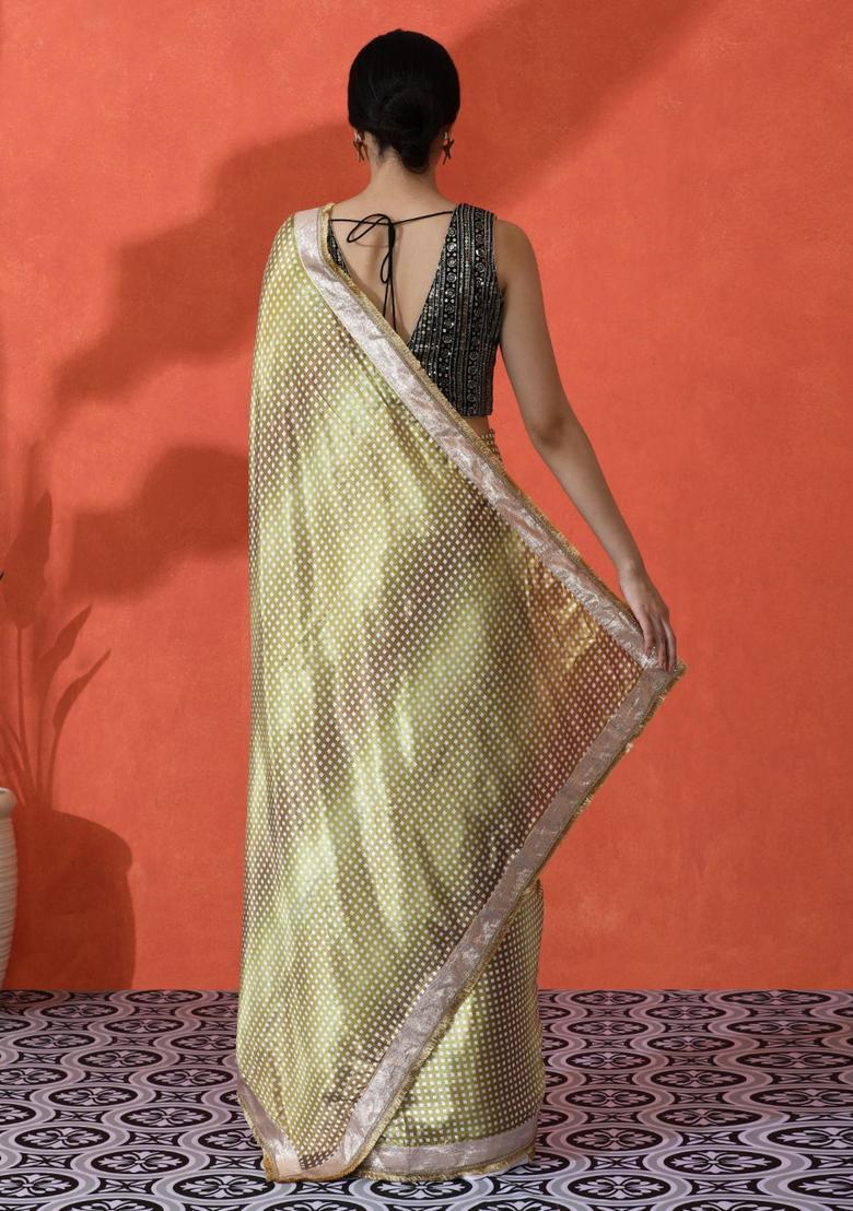 Green Geometric Print Chinon Saree Set - Indya