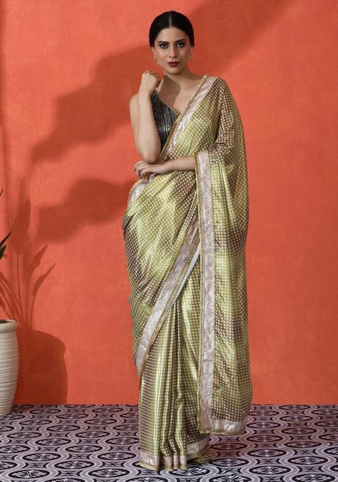 Green Geometric Print Chinon Saree Set