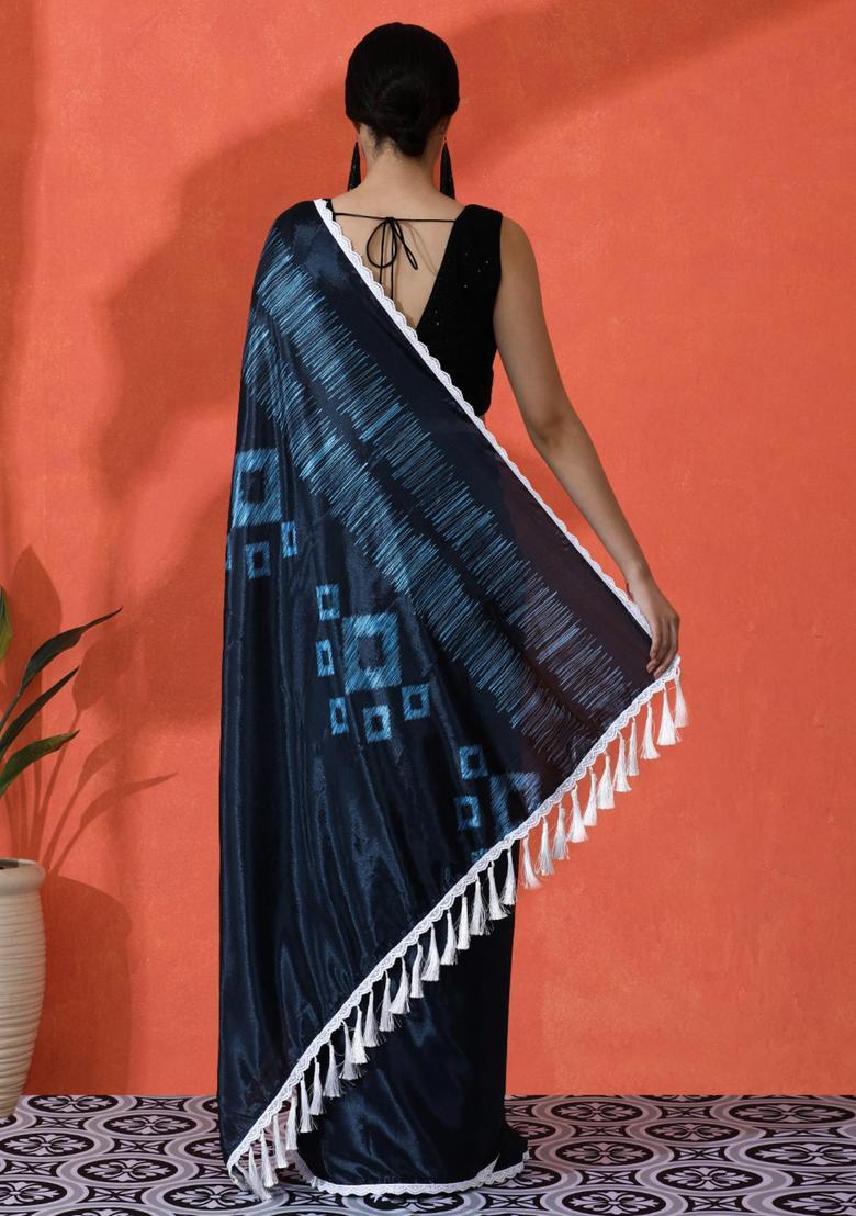 Blue Geometric Print Chinon Saree Set - Indya