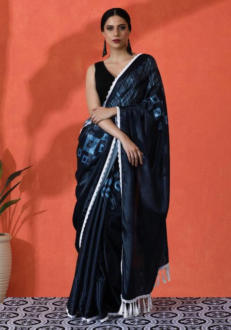 Blue Geometric Print Chinon Saree Set