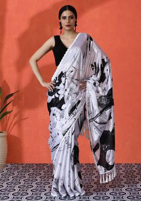 White Tie And Dye Chinon Saree Set