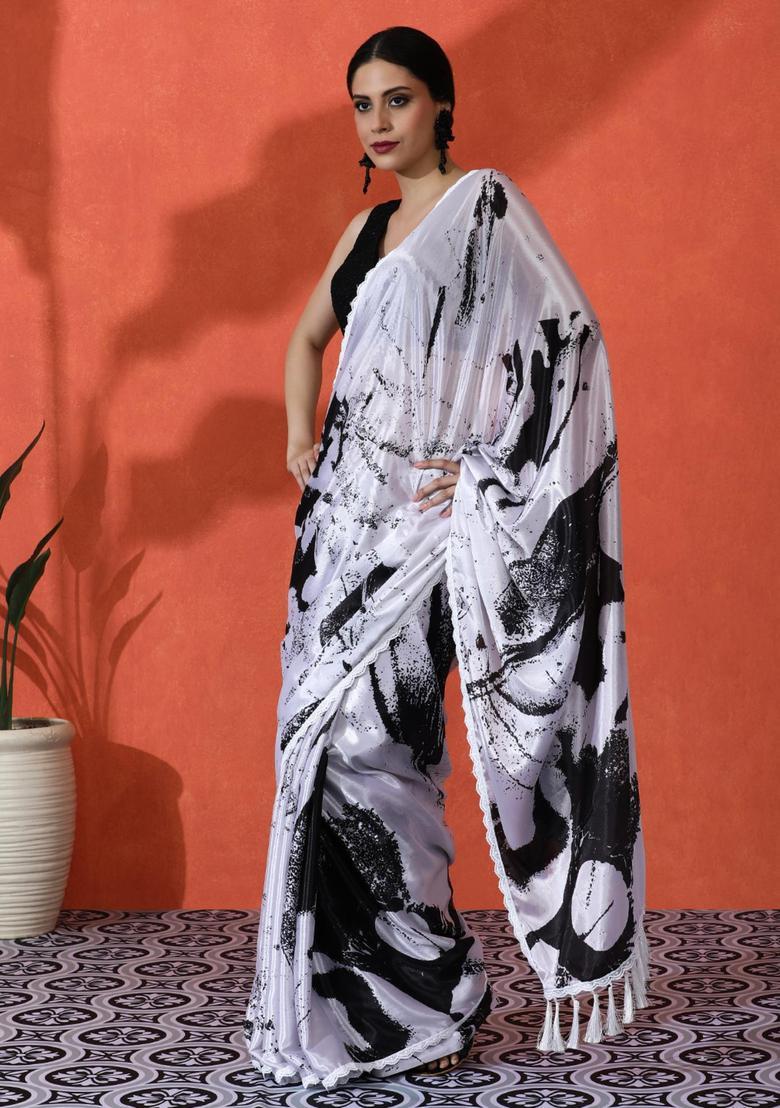 White Tie And Dye Chinon Saree Set - Indya