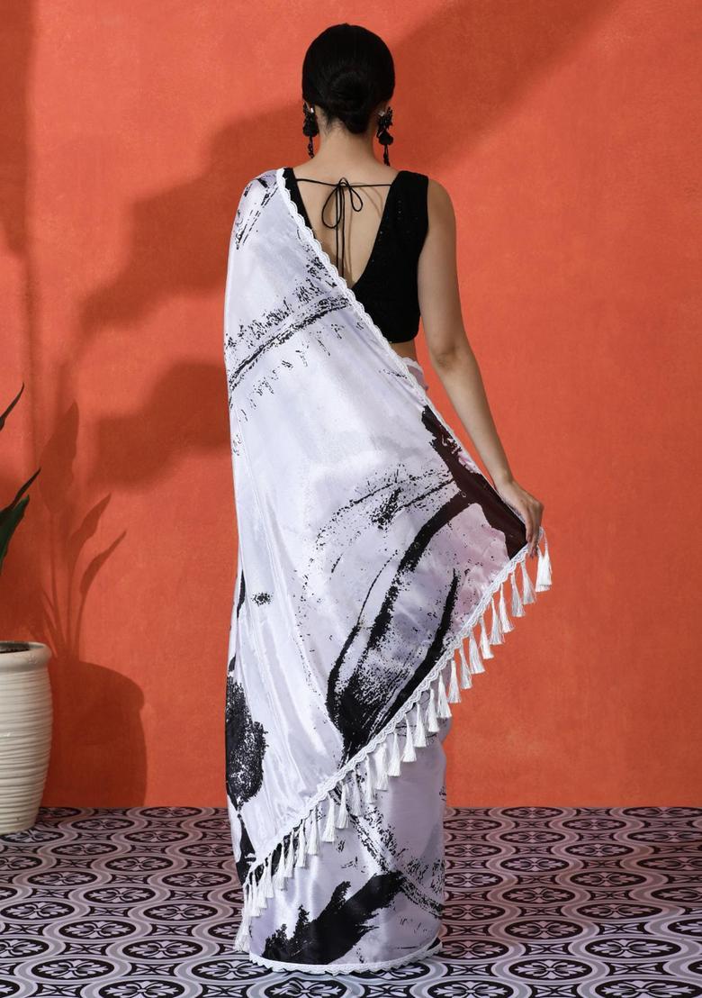 White Tie And Dye Chinon Saree Set - Indya