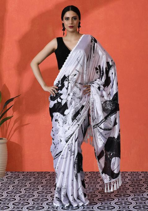 White Tie And Dye Chinon Saree Set
