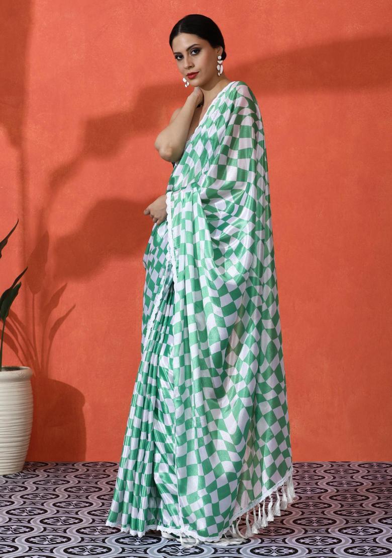 Green Checked Chinon Saree Set - Indya