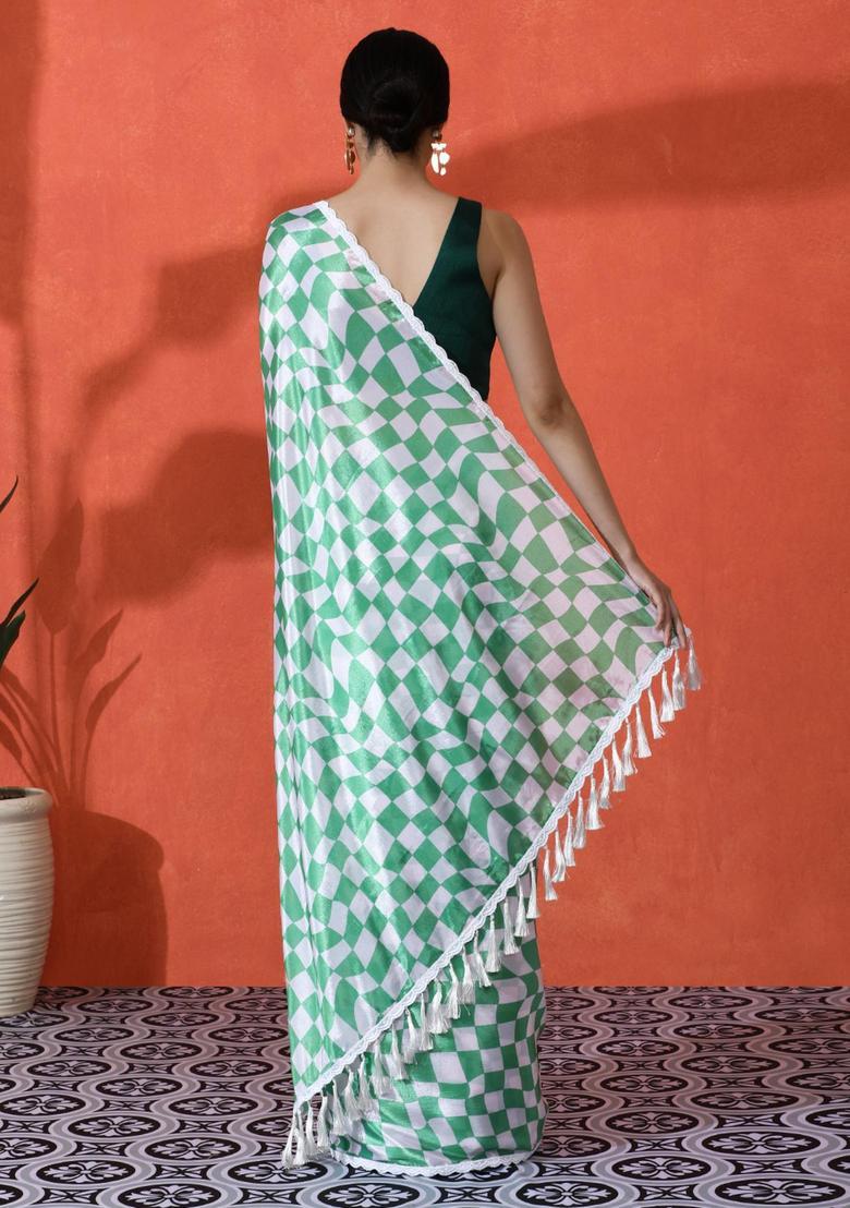 Green Checked Chinon Saree Set - Indya