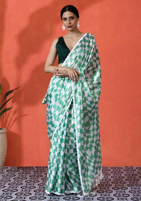Green Checked Chinon Saree Set