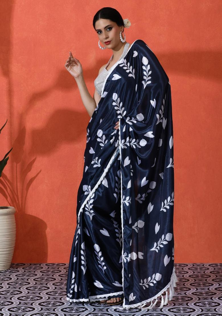 Blue Floral Print Chinon Saree Set - Indya