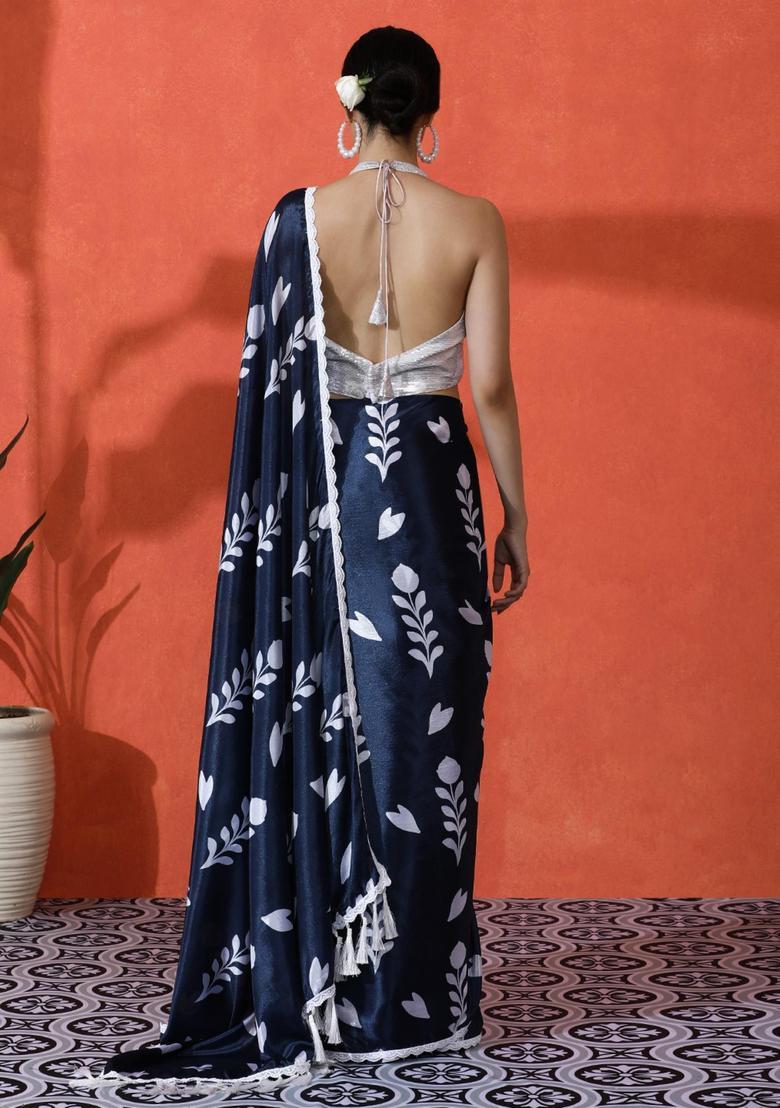 Blue Floral Print Chinon Saree Set - Indya
