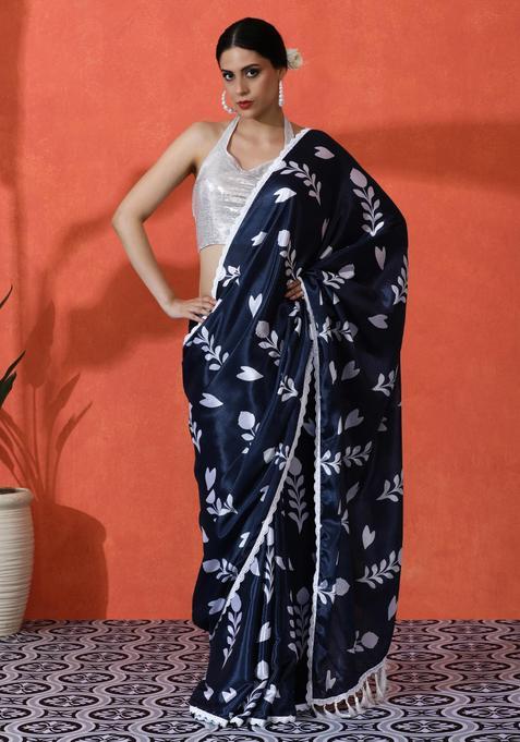 Blue Floral Print Chinon Saree Set