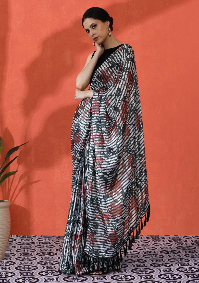 Multicolor Floral Print Chinon Saree Set - Indya