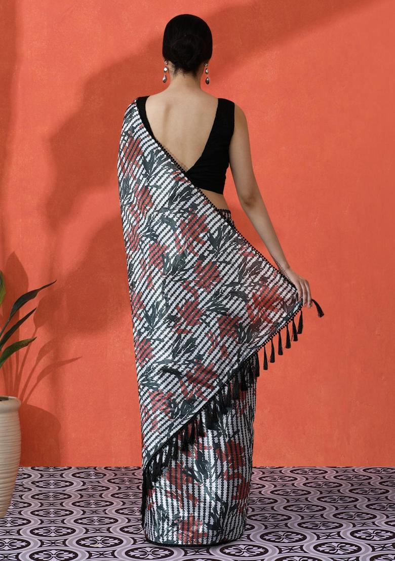 Multicolor Floral Print Chinon Saree Set - Indya