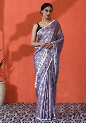 Lavender Geometric Print Chinon Saree Set