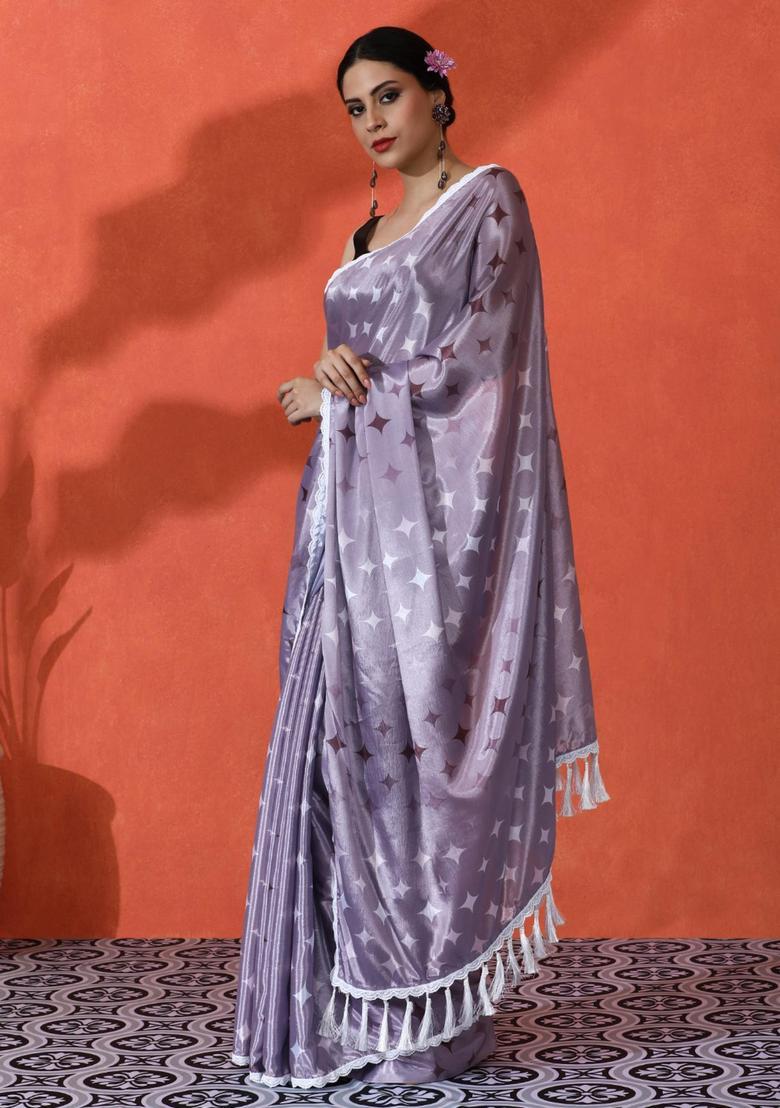 Lavender Geometric Print Chinon Saree Set - Indya