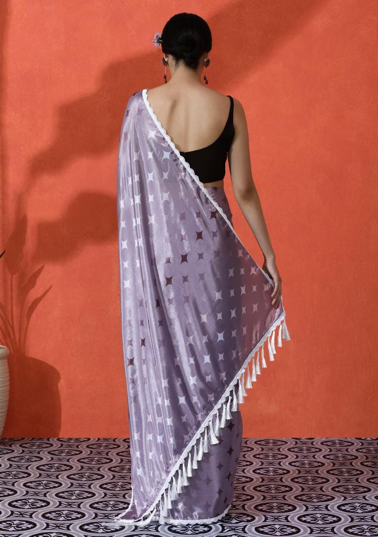 Lavender Geometric Print Chinon Saree Set - Indya