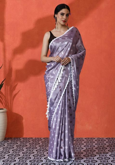 Lavender Geometric Print Chinon Saree Set