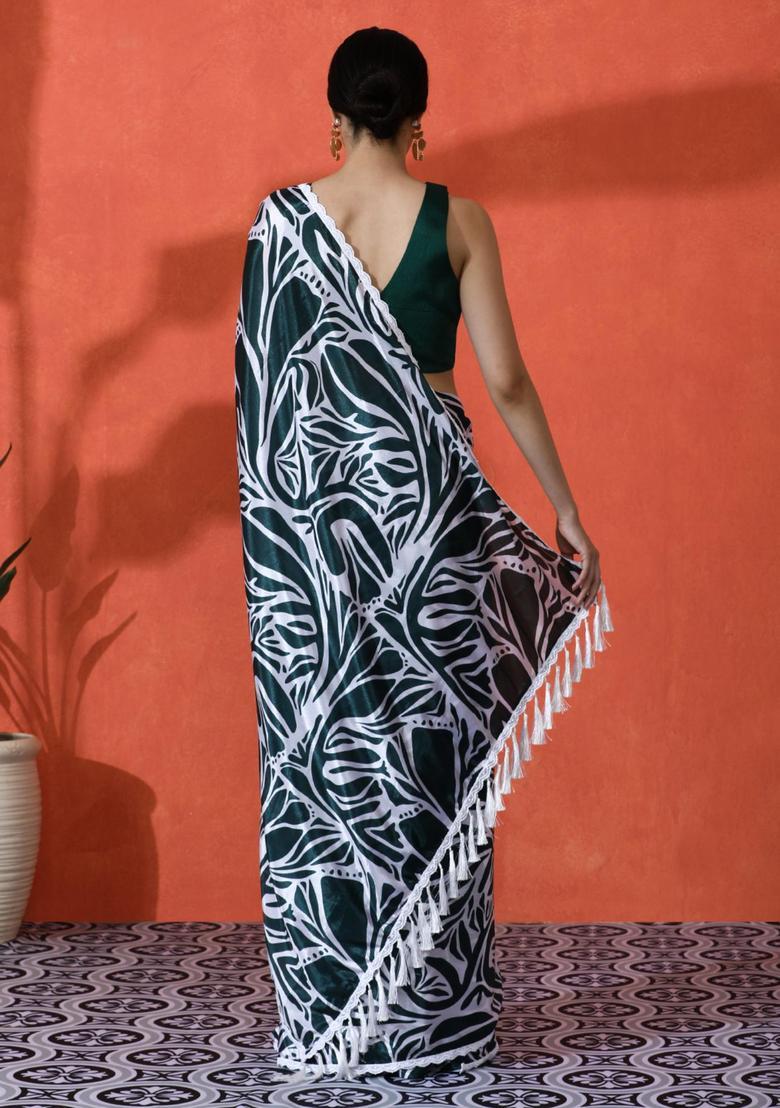 Green Printed Chinon Saree Set - Indya