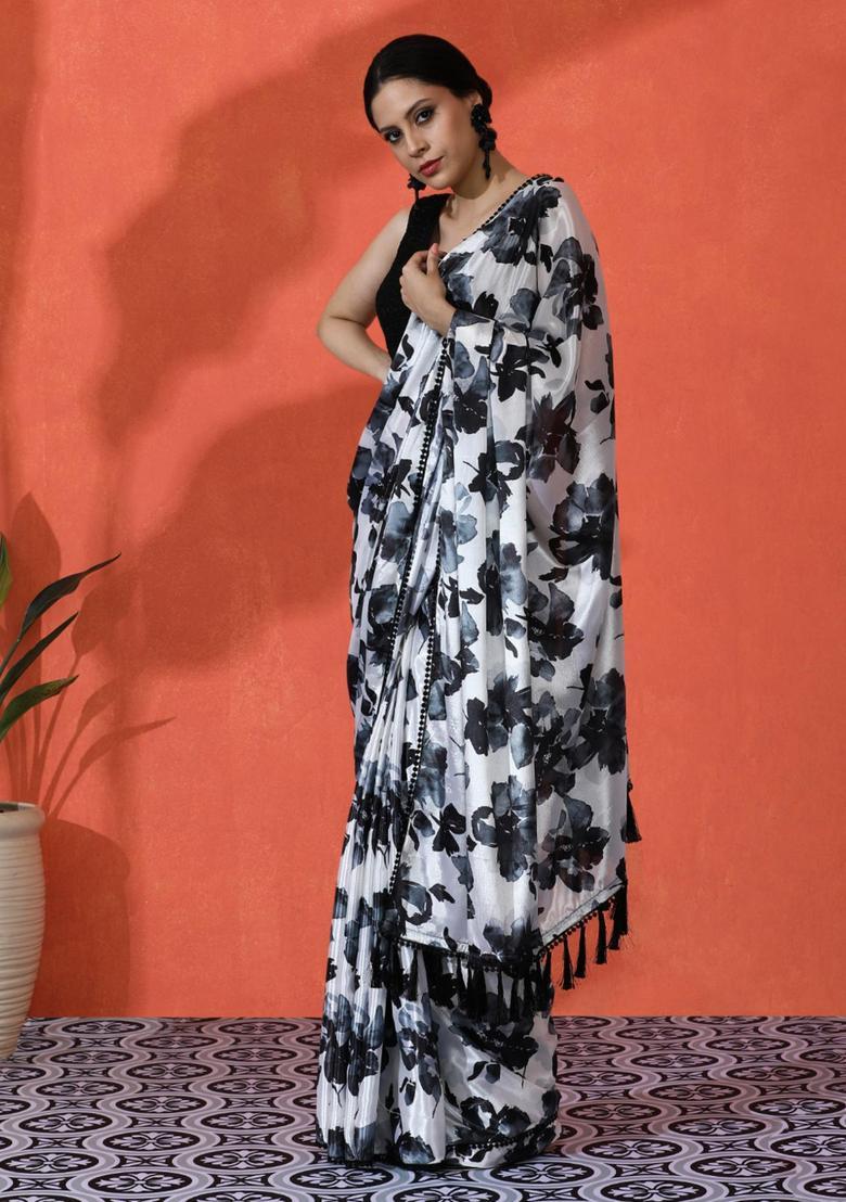 Black Floral Print Chinon Saree Set - Indya