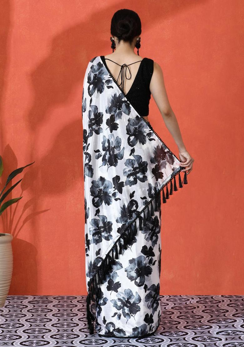 Black Floral Print Chinon Saree Set - Indya