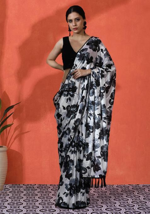 Black Floral Print Chinon Saree Set
