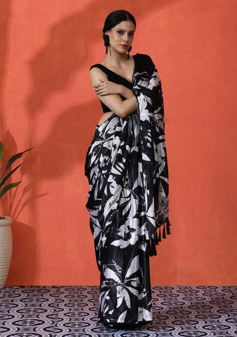 Black Floral Print Chinon Saree Set - Indya