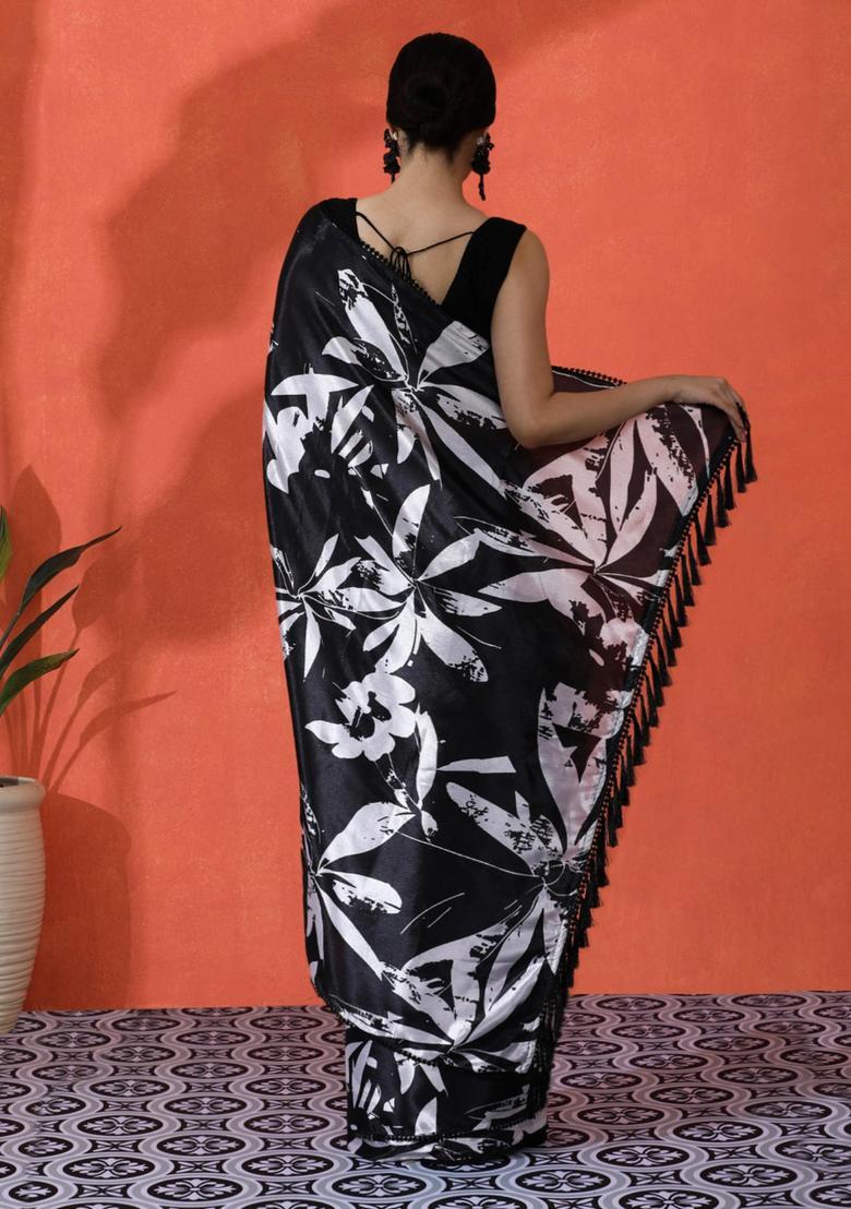 Black Floral Print Chinon Saree Set - Indya