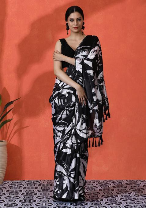 Black Floral Print Chinon Saree Set