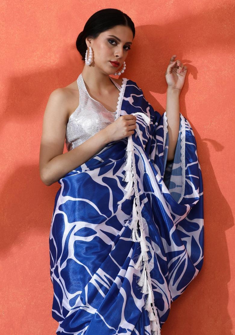 Blue Printed Chinon Saree Set - Indya