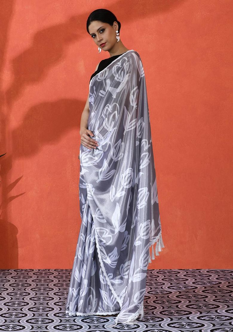 Grey Floral Print Chinon Saree Set - Indya